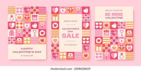 Afiches lindos geométricos del día de San Valentín. Modelos románticos de venta para tarjetas, volantes, banners, medios sociales. Ilustración del vector