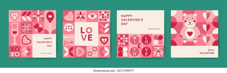 Valentine's Day Geometric minimalist Love pink red poster. Holidays Square templates set. Social media post with abstract simple shapes icons and hearts, flower, bear. Sales, greeting card web ads