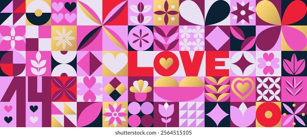 Valentines Day geometric pattern. Icon wedding heart frame. Love party concept. Card pink, gold minimal design. Horizontal banner. Decorative tiles. Romantic holiday. Vector modern garish poster