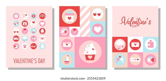 Valentine's Day geometric poster set. Header in bold modern minimalist style. Cute Vector design for banners, posters, gift wrapping, promotional, social media. Bauhaus. Geometric print, pattern