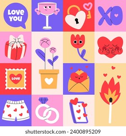 Valentines day geometric seamless pattern. Trendy pattern with cute characters and objects. Flat vector illustration.
