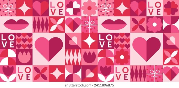 Valentine's day geometric seamless pattern. Abstract modern background. Love and hearts. Trendy design for print, banner, fabric, card, wrapping paper, cover.