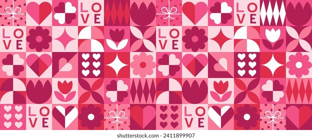 Valentine's day geometric seamless pattern. Abstract modern background. Love and hearts. Trendy design for print, banner, fabric, card, wrapping paper, cover.