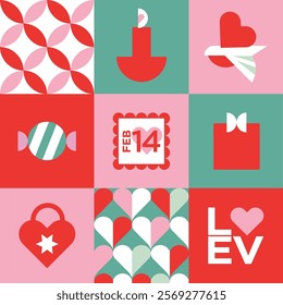 Valentine's day geometric seamless pattern with simple shapes and icons in flat minimalist style. Modern vector ornament for print, banner, card, fabric, cover, wrapping paper, wallpaper, textile. 