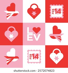 Valentine's day geometric seamless pattern with simple shapes and icons in flat minimalist style. Modern vector ornament for print, banner, card, fabric, cover, wrapping paper, wallpaper, textile. 