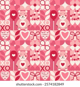 Valentine's day geometric seamless pattern. Love and heart simple shapes icons make mosaic endless background for sale banner print. Trendy minimalist geometry cover design