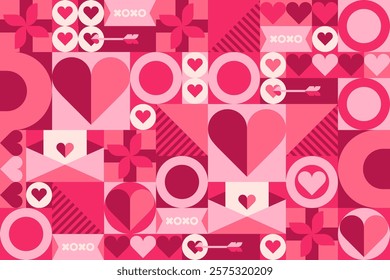 Valentines Day geometric shapes abstract background with vector pattern of pink hearts, Cupid arrows and flowers, love letters and gift boxes. Valentines Day love holiday geometric shapes background