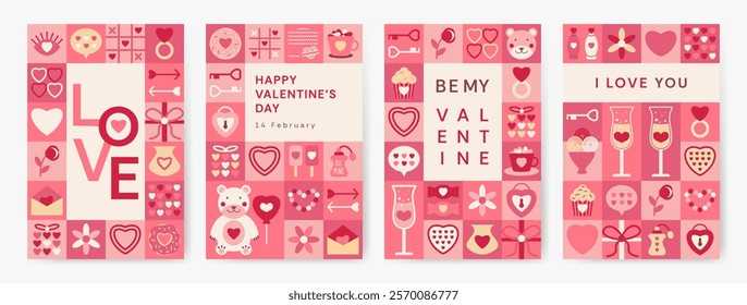 Valentines Day Geometric square pattern posters templates. Minimalist flat style simple Love shapes, icons, bear, heart flower. Vertical rectangular design for invitation, greeting card, cover.