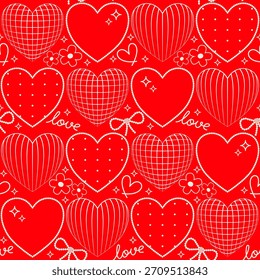 Valentinstag geometrischen Drahtmodell und Doodle Hearts nahtloses Muster. Roter Liebeshintergrund mit Drahtgitterherzen, Perlenrahmenherzen und Bändern.