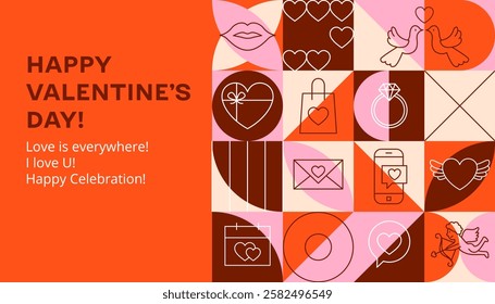 Valentines Day Geometrical Banner. Vector Illustration of Outline and Flat Style. Love Romance Holiday. Heart Couple.