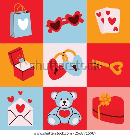 Valentines day geometry element set collection with cards, sunglasses, ring, lock and key. Vector illustration