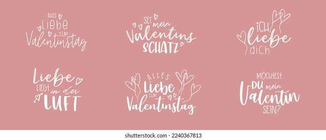 Valentines day german language lettering, various sayings like "Be my Valentines" or "Happy Valentine's Day", lovely handwriting, great for cards, gift tags