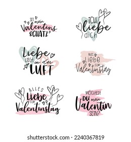 Valentines day german language lettering, various sayings like "Be my Valentines" or "Happy Valentine's Day", lovely handwriting, great for cards, gift tags