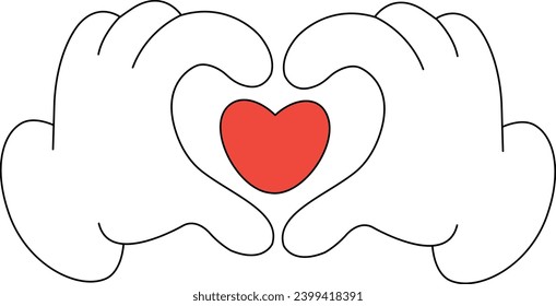 Valentines Day. Gesture heart with hands. Retro style 60s, 70s. Cartoon, flat style with stroke
