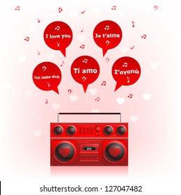 Valentines Day ghetto blaster playing I love you tune in many languages (english, spanish, french, german, greek)