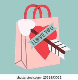 Valentine's Day gift bag illustration in flat style featuring a red heart, an arrow with I love you message, and soft pastel tones. Perfect for romantic and holiday-themed designs.