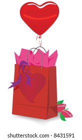 Valentine's Day gift bag with tissue and ribbon; heart shaped balloon; roses. Easy-edit layered file