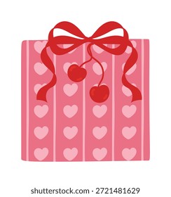 Bolso de regalo de San Valentín Ilustración vectorial con patrón de corazón y lazo rojo. Lindo diseño de embalaje romántico para tarjetas, etiquetas, pegatinas, invitaciones y promociones de temporada.