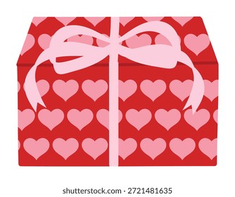 Bolso de regalo de San Valentín Ilustración vectorial con patrón de corazón y lazo de cinta blanca. Lindo diseño de embalaje romántico para tarjetas, etiquetas, pegatinas, invitaciones y promociones de temporada.