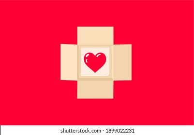 Valentines day gift box background. Open brown cardboard package with red heart icon and love symbol inside. Romantic gift concept.
