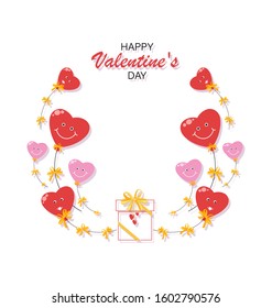 Valentine's Day. Gift box, bow, red and pink hearts. Greeting card, background with place for text. Vector illustration isolated on a white background.
