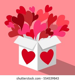 Valentines day,  gift box with flying paper hearts