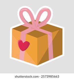 Valentine's Day Gift Box with Heart. Adorable vector illustration of a Valentine's Day gift box with a pink ribbon and heart, perfect for romantic and festive designs