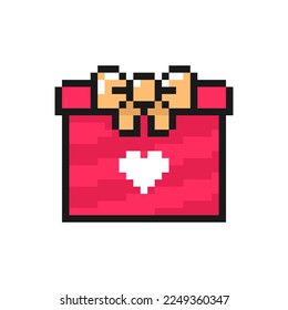 Valentine's day gift box icon in pixel art design. Isolated on white background vector sign