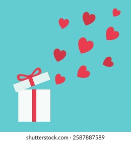 Valentines Day. Gift box icon with flying hearts. Red heart set. Cute cartoon decoration element. Happy Birthday Christmas Greeting card template. Flat design. Blue background. Isolated. Vector