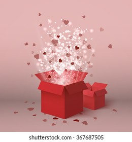 Valentines day gift box isolated. Hearts. 8 march. Red gift box with flying hearts for holiday. Gift box isometric. Love is in the air. Vector love box. Womens day box. Surprise box. Isometric box.Box