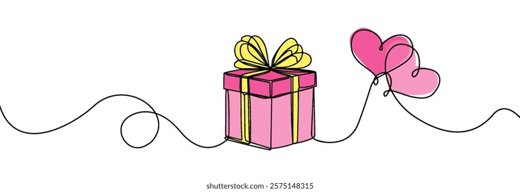 Valentine's Day Gift box one line drawing . Continuous one line pink gift box.Presents with ribbon bow. Hand drawn greeting present box.Line art surprise with a hearts . Gift box with a hearts.