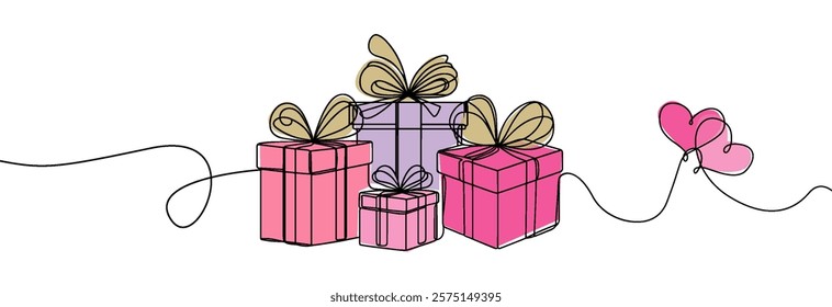 Valentine's Day Gift box one line drawing . Continuous one line pink gift box.Presents with ribbon bow. Hand drawn greeting present box.Line art surprise with a hearts . Gift box with a hearts.