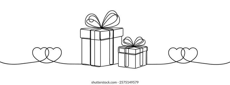 Valentine's Day Gift box one line drawing . Continuous one line gift box.Presents with ribbon bow. Hand drawn greeting present box.Line art surprise with a hearts . Gift box with a hearts.
