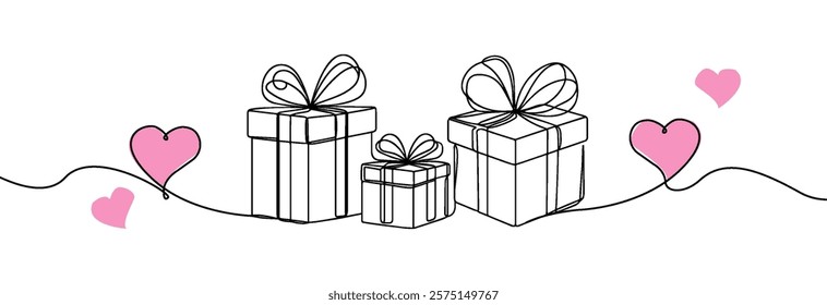 Valentine's Day Gift box one line drawing . Continuous one line gift box.Presents with ribbon bow. Hand drawn greeting present box.Line art surprise with a hearts . Gift box with a hearts.