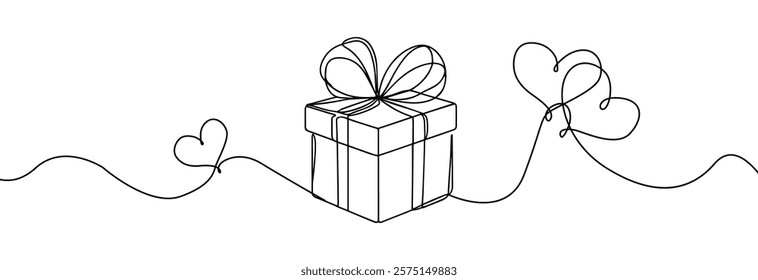 Valentine's Day Gift box one line drawing . Continuous one line gift box.Presents with ribbon bow. Hand drawn greeting present box.Line art surprise with a hearts . Gift box with a hearts.