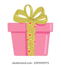 Valentine's Day gift box. Pink gift box with a green bow. Flat style illustration for banners, greeting cards, and packaging design. Vector illustration.