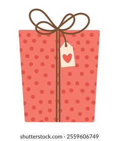 Valentine's day gift box. Polka dot box with bow and heart tag. Isolated vector illustration for holiday design