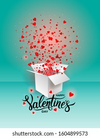 Valentine's day gift box present with fly hearts. Wallpaper, flyers, invitation, posters, brochure, banners. Vector illustration. Isolated on pastel blue background.