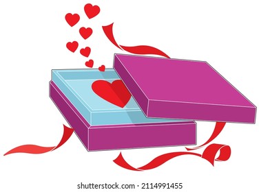 Valentines Day Gift Box with red ribbon and box lid opened, with symbolic red hearts floating out. The concept is to symbolize the gift of love, but could also mean to express one’s love via a gift. 