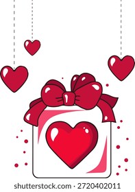 Caja de regalo del día de San Valentín con la cinta roja y el corazón, regalo romántico de la sorpresa con los corazones colgantes para la celebración, Ilustración vectorial aislada