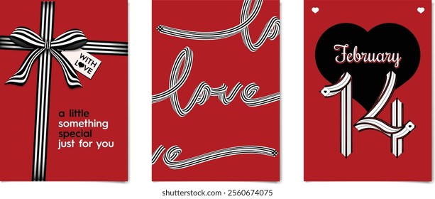 Valentine's Day gift box, ribbon, calendar poster and love typography pattern. Vector design for greeting card, poster, cover, label, sale templates, pattern background. 