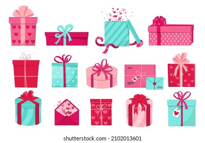 Valentine's Day gift box set vector illustration. Flat style collection with different boxes for Valentine's Day, Mother's day, Birthday etc. Colorful pink, red and teal cartoon gift boxes.