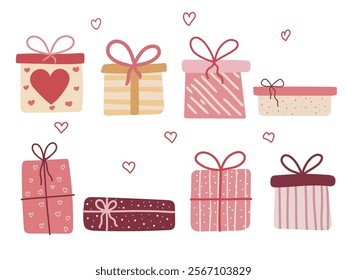 Valentines Day Gift Box Set. A collection of cheerful gift boxes adorned with ribbons and hearts