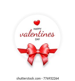 Valentine's day gift box symbol. Satin ribbon bow love Valentine lettering text design web banner. Happy Valentines Day greeting card. Realistic 3d red heart shape. Holiday vector illustration.
