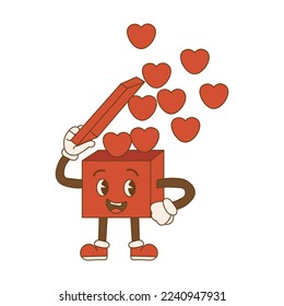 Valentines day gift box in trendy retro cartoon style. Groovy hippie 70s aesthetic.Retro style Valentine's day.Vector illustration