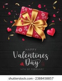 Valentine's day gift box vector poster design. Happy valentine's day text with gift box for surprise present decoration elements in wooden background. Vector illustration hearts day invitation card. 
