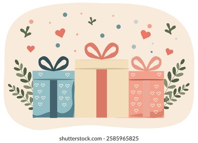 Valentine's Day Gift Boxes with botanical plants and hearts Vector Illustration in Pastel Colors,Cartoon style,Romantic illustration on White background