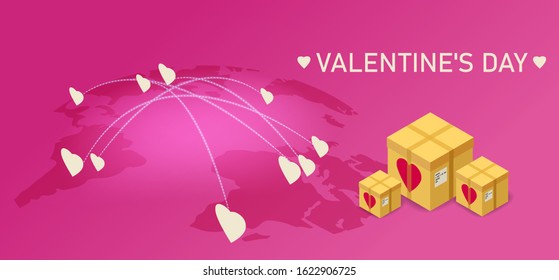 Valentines day gift boxes delivery, map Earth delivery tracking logistics cargo. Vector isolated illustration template
