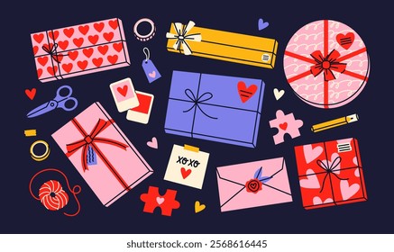 Valentine's Day gift boxes DIY preparation set including colorful present wrappings with bows, decoration, scissors, pen, washi tapes, and more. Romantic presents for lovers. Flat vector illustration.