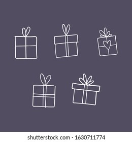 Valentine's day gift boxes, hand drawn illustration. Present packaging with ribbon doodles.